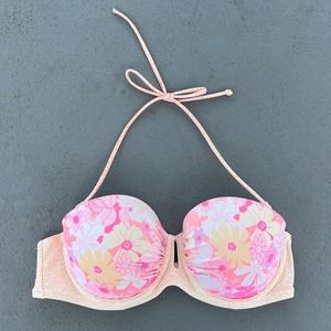Victoria’s Secret 36C Pink Yellow floral Underwire Pushup Bandeau Bikini Top